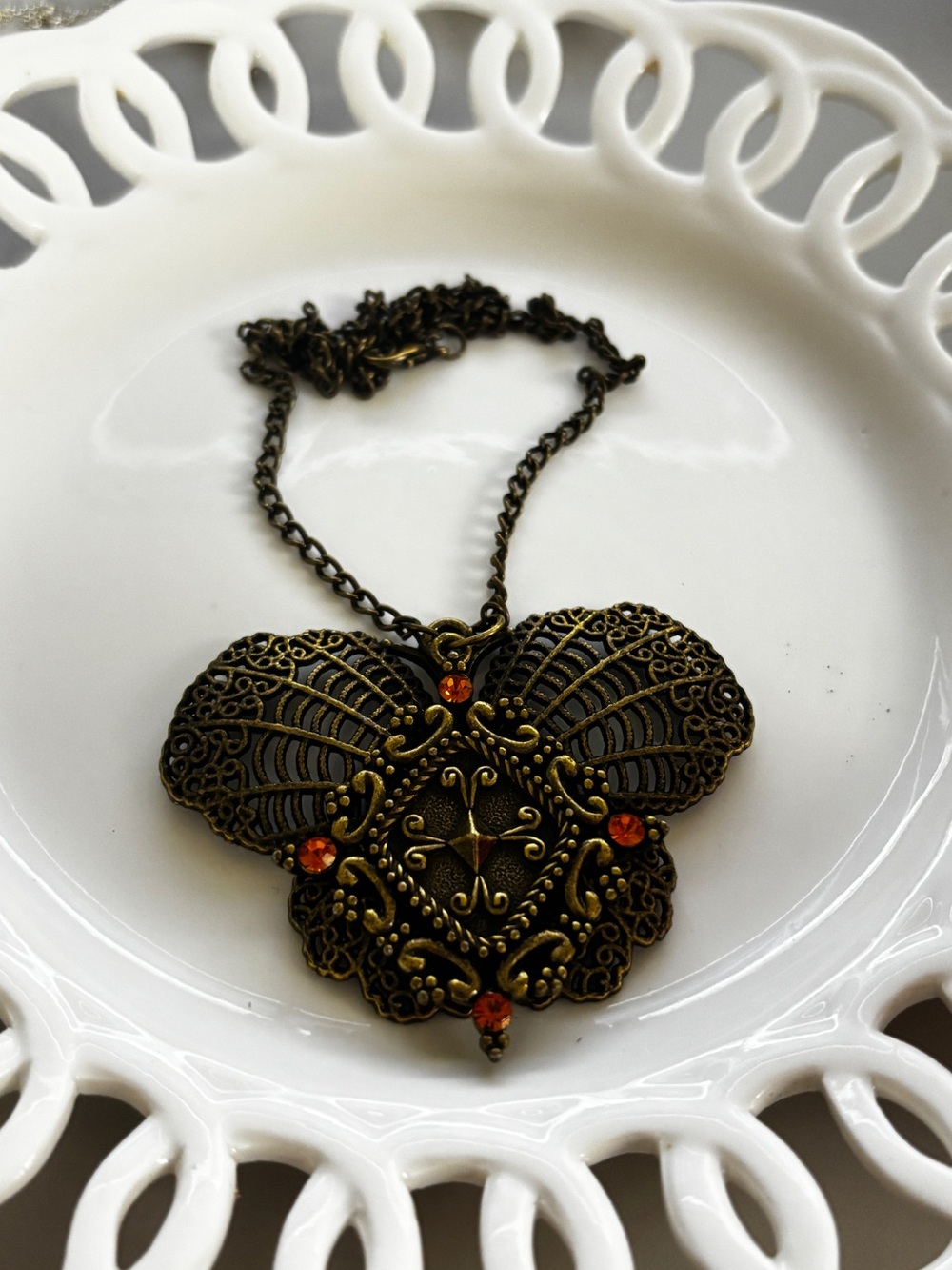 Vintage-Inspired Bronze Butterfly Pendant Necklace with Amber Gemstone Accents